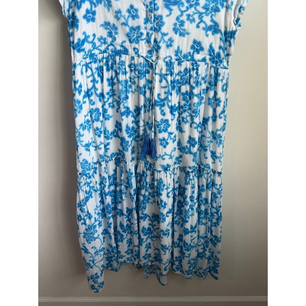 Ro's Garden Floral Print Cap Sleeve Tassel Tie Tiered Midi Dress White Blue Med - Picture 4 of 10